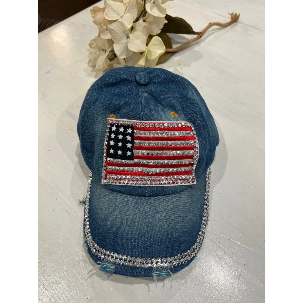 Denim Baseball Cap American Flag Rhinestone Embellished Distressed Adjustable